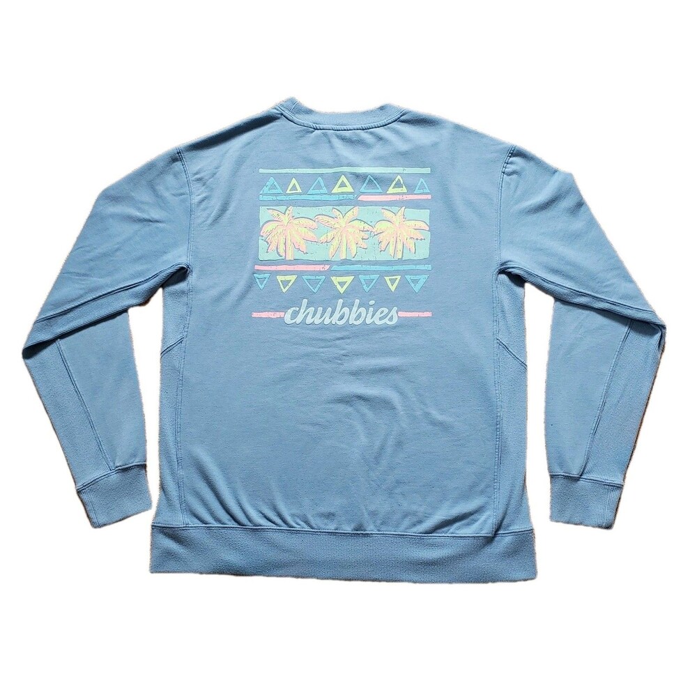 Chubbies Retro Palm Trees Size Medium Mens Light Blue Double Side Sweatshirt